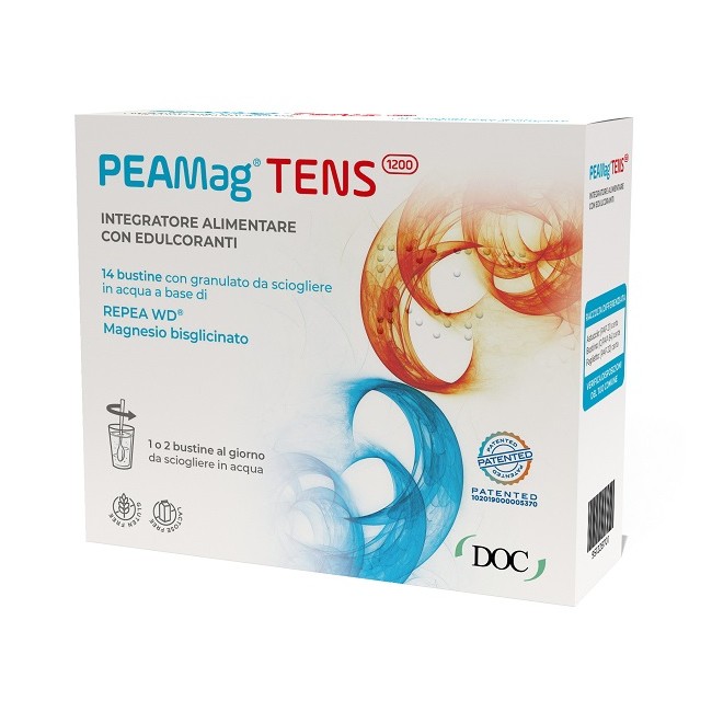 Confezione da 14 bustine di Peamag Tens, integratore per dolori e tensioni muscolari. Confezione da 14 bustine di Peamag Tens, integratore per dolori e tensioni muscolari.