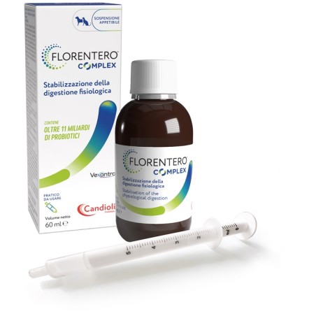 Flacone da 60 ml di Florentero Complex, integratore digestivo per cani e gatti. Flacone da 60 ml di Florentero Complex, integratore digestivo per cani e gatti.