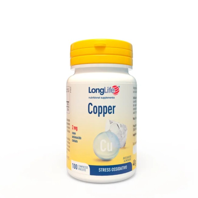 Confezione da 100 compresse di LongLife Copper, integratore contro l'invecchiamento di pelle e capelli.