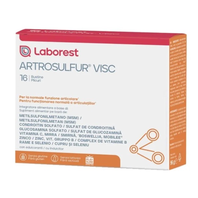 Confezione da 16 bustine di Artrosulfur, integratore per la cura delle articolazioni. Confezione da 16 bustine di Artrosulfur, integratore per la cura delle articolazioni.
