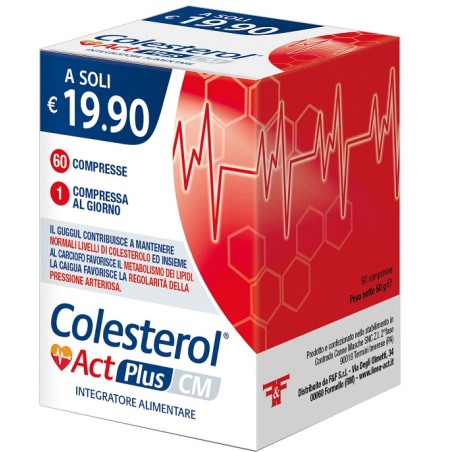 Confezione da 60 compresse di Colesterol Act Plus Cm, integratore per colesterolo e pressione sanguigna. Confezione da 60 compresse di Colesterol Act Plus Cm, integratore per colesterolo e pressione sanguigna.