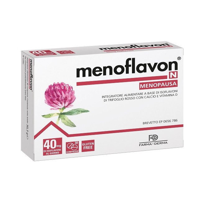Confezione da 30 compresse di Menoflavon N, integratore per alleviare i sintomi della menopausa.