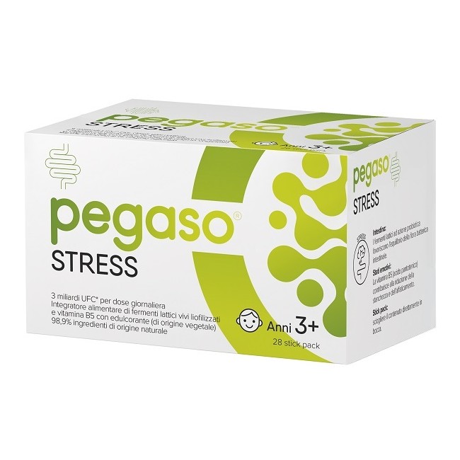 Confezione da 28 stick di Pegaso Stress, integratore per stanchezza e benessere intestinale.