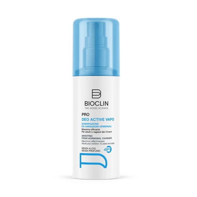 Flacone spray da 100 ml di Bioclin Deo Pro Active Vapo, deodorante per sudorazioni ormonali.