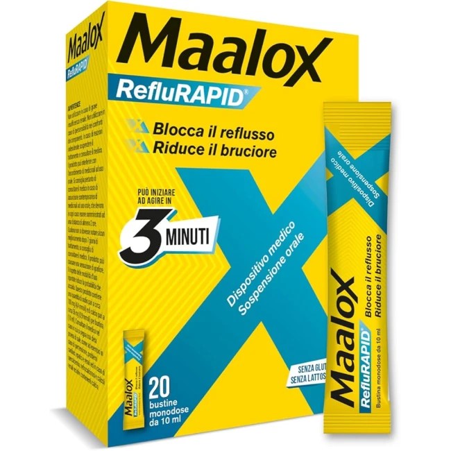 Confezione da 20 bustine liquide di Maalox reflurapid per reflusso e acidità di stomaco Confezione da 20 bustine liquide di Maalox reflurapid per reflusso e acidità di stomaco