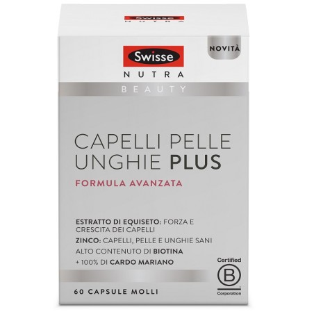 Confezione da 60 capsule molli di Swisse Capelli Pelle Unghie Plus, integratore anti invecchiamento.