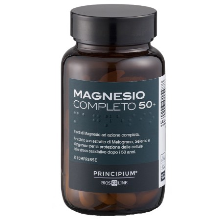 Flacone da 90 compresse di Principium Magnesio Completo 50+, integratore per il benessere muscolare e nervoso dopo i 50 anni.