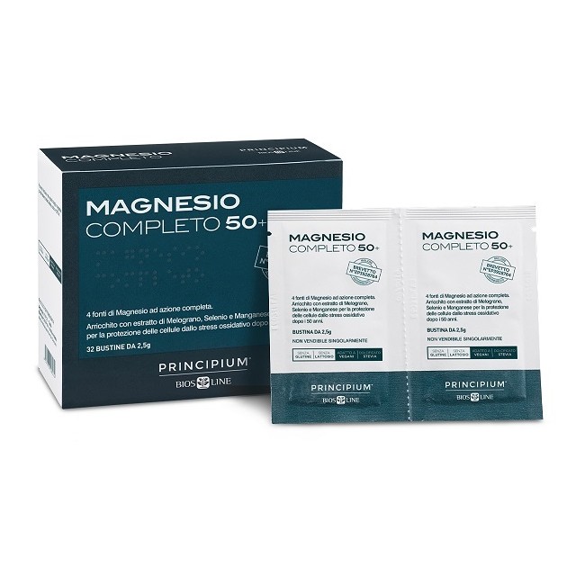 Confezione da 32 bustine di Principium Magnesio Completo 50+, integratore per energia, muscoli e sistema nervoso.