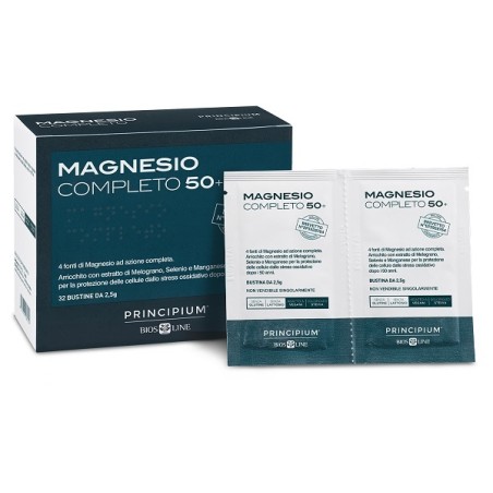 Confezione da 32 bustine di Principium Magnesio Completo 50+, integratore per energia, muscoli e sistema nervoso.