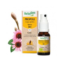 Flacone spray da 15 ml di Herbalgem Propoli Largo Spettro Spray Bio, integratore contro il mal di gola.