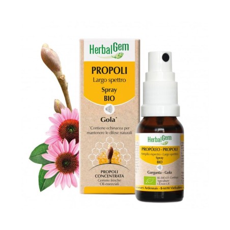 Flacone spray da 15 ml di Herbalgem Propoli Largo Spettro Spray Bio, integratore contro il mal di gola.