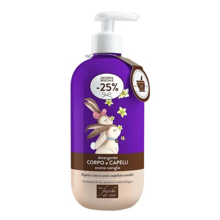 Flacone da 400 ml con erogatore di Fiocchi Di Riso Detergente Corpo Capelli Delicato Al Profumo Di Vaniglia. Flacone da 400 ml con erogatore di Fiocchi Di Riso Detergente Corpo Capelli Delicato Al Profumo Di Vaniglia.