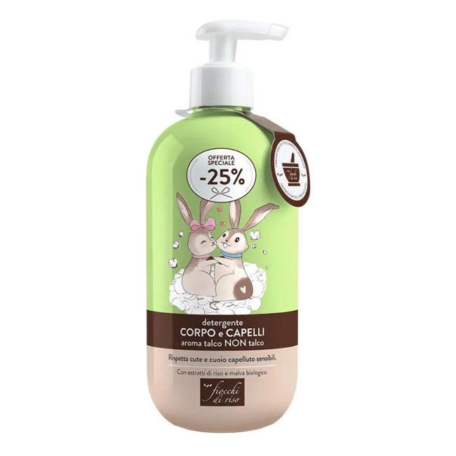 Flacone da 400 ml con erogatore di Fiocchi Di Riso Detergente Corpo/Capelli Delicato Per Bambini Con Profumazione Di Talco.