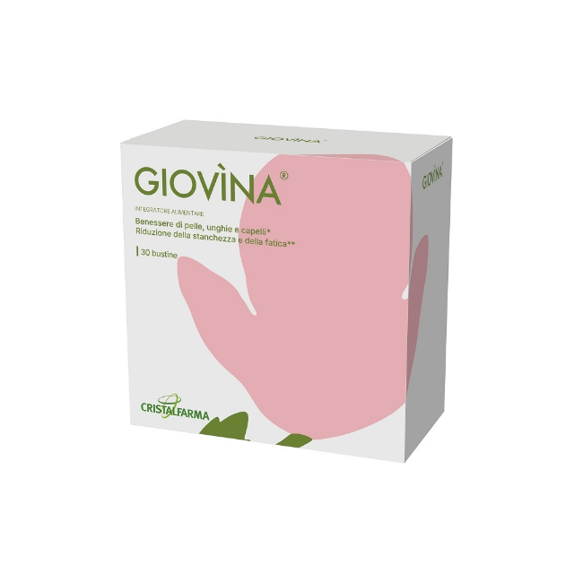 Confezione da 30 bustine di Cristalfarma Giovìna, integratore per capelli, unghie e segni dell'invecchiamento.