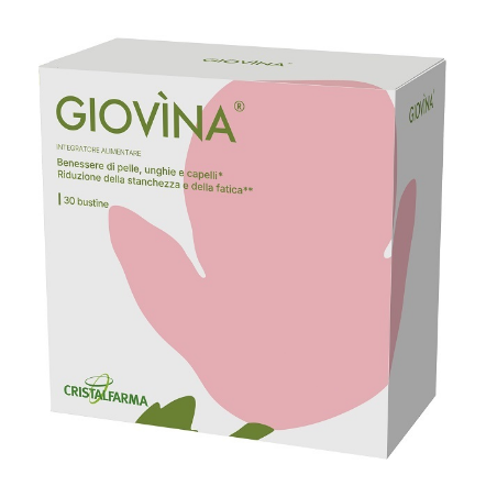 Confezione da 30 bustine di Cristalfarma Giovìna, integratore per capelli, unghie e segni dell'invecchiamento.