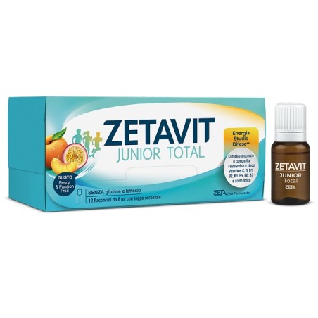 confezione da 12 flaconi di Zetavit Junior Total Integratore Per Funzione Cognitiva e Memoria Dei Ragazzi.