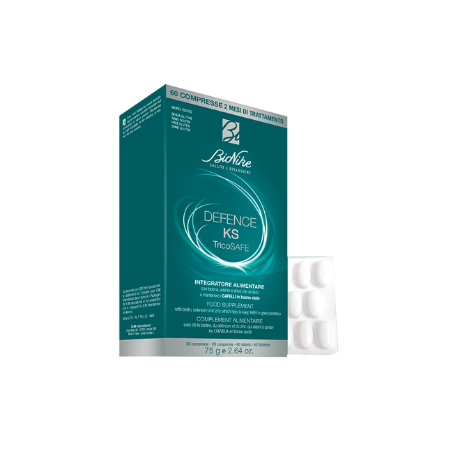 Confezione da 36 compresse di Bionike Defence Ks Tricosafe, integratore per mantenere capelli sani e forti. Confezione da 36 compresse di Bionike Defence Ks Tricosafe, integratore per mantenere capelli sani e forti.