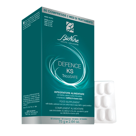 Confezione da 36 compresse di Bionike Defence Ks Tricosafe, integratore per mantenere capelli sani e forti. Confezione da 36 compresse di Bionike Defence Ks Tricosafe, integratore per mantenere capelli sani e forti.
