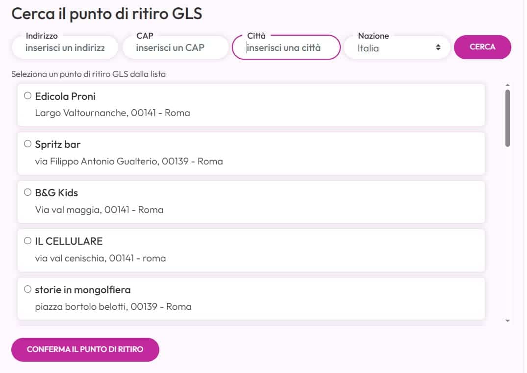 esempio scelta punto di ritiro